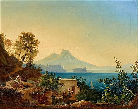 Ludwig Richter : The Bay of Naples with a View of the Castel dell'ovo and Vesuvius