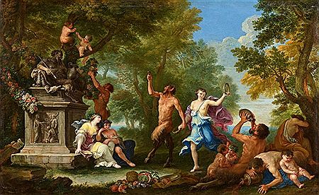 Filippo Lauri : Maenads led by Pan in a Pageant for the Wine God Bacchus with Dancing and Garlands