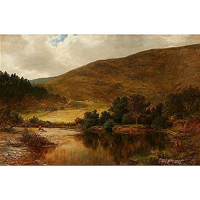 James Docharty : A WOODED RIVER LANDSCAPE WITH RESTING FISHERMAN