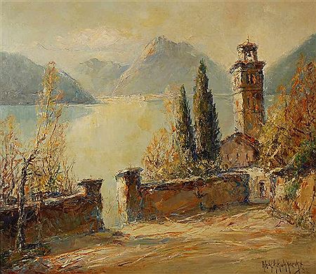 Adolf Schuhknecht : 'Herbst am Luganer See'-Blick vorbei an der kleinen Kirche San Sebastiano des heute zu Valsolda Provinz Como gehörigen Örtchens Oria am Seeufer, über den weiten See, vor imposanter Gebirgskulisse im hellen Sonnenlicht