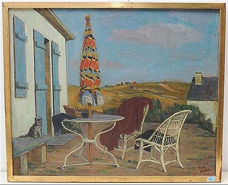 Gaston Vaudou : 'Dialogue muet', Terrasse mit Landschaft im Hintergrund