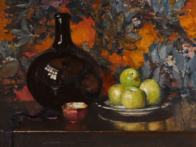 James Paterson : Still Life of a Black Bottle and Apples