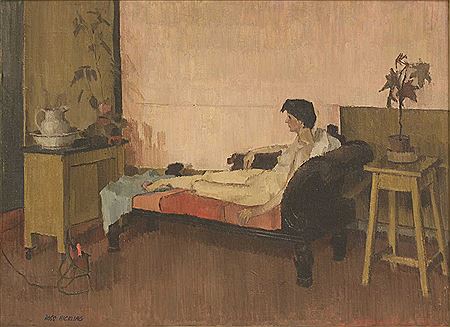 Ross Hickling : A nude on a chaise longue in a pink interior