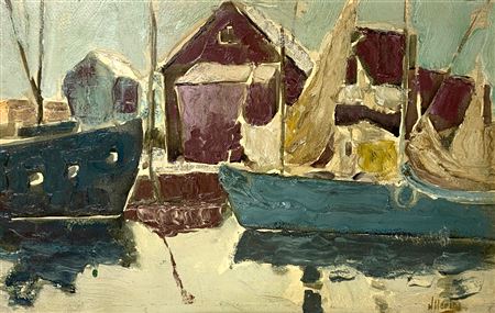 Harry Hering : 'Boats at Wharf, Early 20th c.'