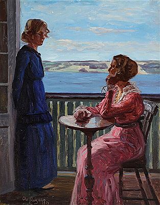 Christian Aigens : Two women on a balcony with a view of Vejle fiord