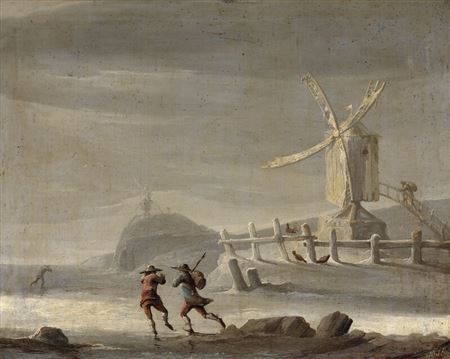 Peter Cramer : A winter day with ice skaters on a frozen lake.