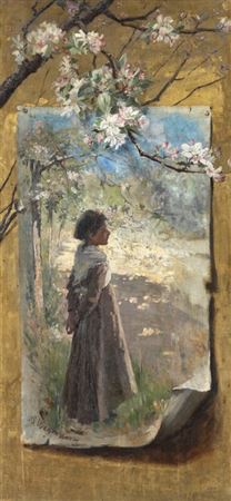 Bertha Wegmann : Trompe l'oeil with a little girl standing under a flowering apple tree on a canvas attached to a wall under a flowering apple branch.