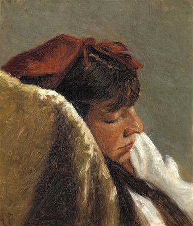 Anna Sophie Lorenze Petersen : A sleeping woman with a red headscarf.