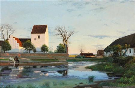 Otto P Balle : “Aften i Landsbyen Everdrup”. Evening in the Village Everdrup