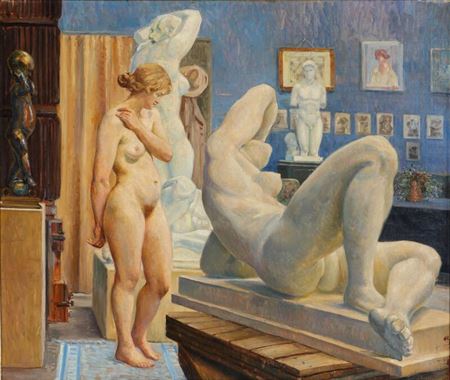 Hans Gyde Petersen : A standing female nude in the artist's studio