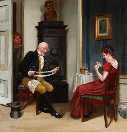 Harald Schiodte : A living room interior with a young lady getting help with the yarn.