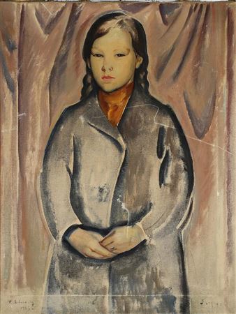 Walter Schwartz : Portrait of a girl with plaits wearing a long, blue coat