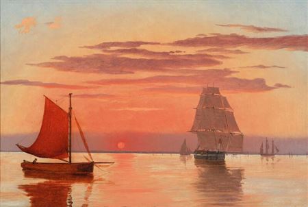 Peter Johan Schou : Sailing ships in sunset.