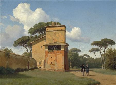 Heinrich Buntzen : Raphael's studio in Rome's Borghese gardens. At the studio two gentlemen in conversation