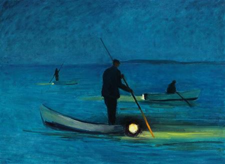 Thorkild Knudsen : Evening scenery with fishermen catching eels