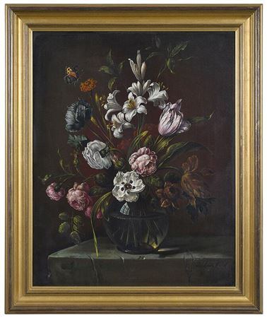 Reinhard Michel : Still Life with Tulips, Lilies, and Roses in a glass vase