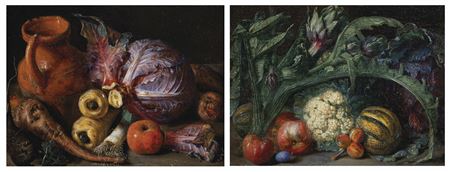 Pieter Snyers : A jug, a cabbage and carrots on a ledge; and Artichokes, apples and melons on a ledge (2)