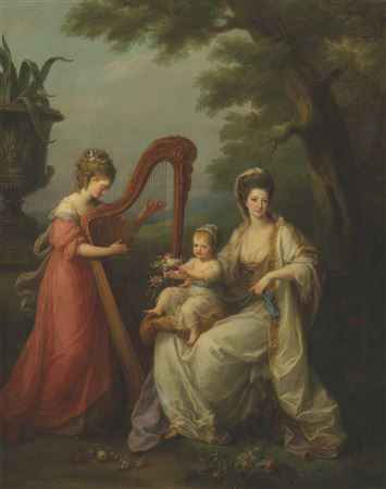 Angelica (Maria Anna) Kauffmann : Group portrait of Lady Elizabeth Smith-Stanley, Countess of Derby (1753-1797), with her infant son Edward, later 13th Earl of Derby (1775-1851), and her half-sister, Lady Augusta Campbell (1760-1831) playing the harp