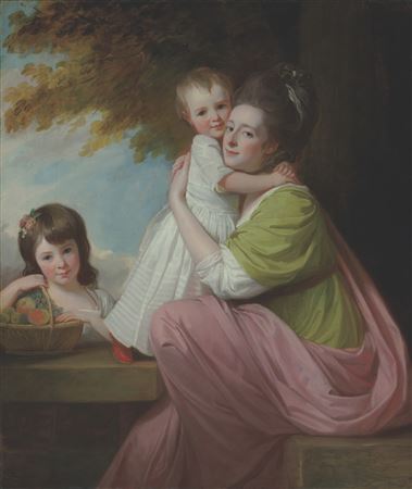 George Romney : Group portrait of Dorothy Stables (1753-1832), with her daughters, Harriet (1774-1827) and Maria (1775-1821), in a wooded landscape