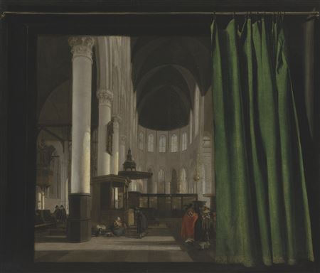 Emanuel de Witte : Interior of the Oude Kerk, Amsterdam, with a trompe l'oeil curtain and frame