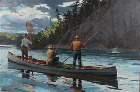 Ogden Minton Pleissner : Jimmy's Pool on the Restigouche, Playing a Salmon - New Brunswick