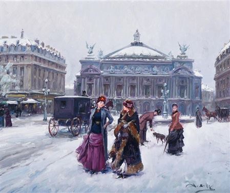 Juan Soler Puig : FIGURES IN THE SNOW OUTSIDE THE PARIS OPERA HOUSE