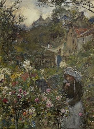 Rowland Henry Hill : Girl Picking Roses in a Garden at Runswick Bay