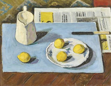 Gaston Vaudou : 'Pot blanc, citrons, assiette et papier bleu'