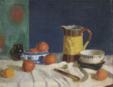 James Sinton Sleator : Still Life with Ceramic Pots on a White Cloth