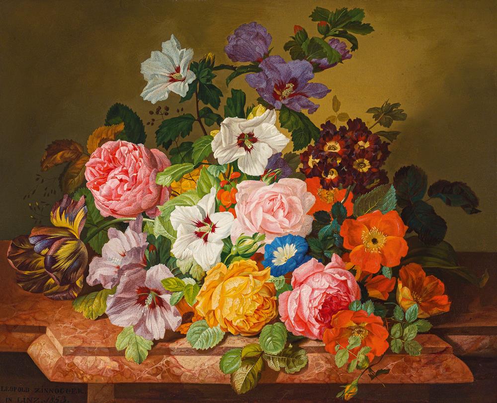 Leopold Zinnoger : Flower still life with roses and tulips