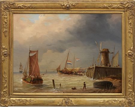 Johann Baptist Weiss : Dutch fishing harbor with boats and figures Picturesque scenery at a pier with windmill