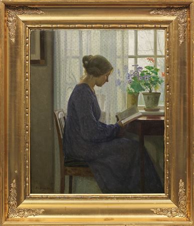 Alfred Broge : Reading girl at the window