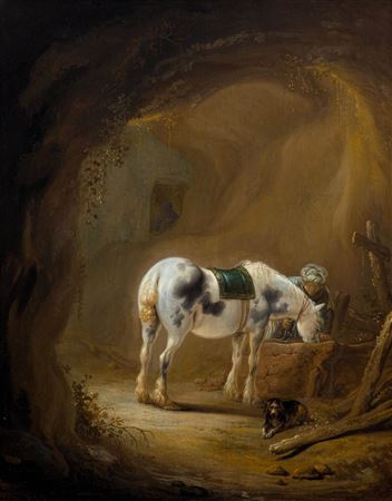 Pieter Cornelisz Verbeeck : Arab rider in a cave with a grey horse