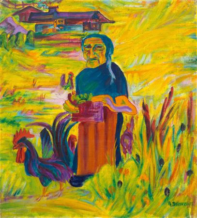 Philipp Bauknecht : Old peasant woman with chickens