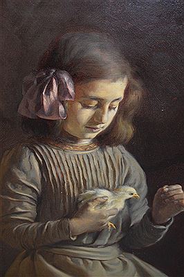 Eduard Flo : Half length portrait of a girl holding a chick