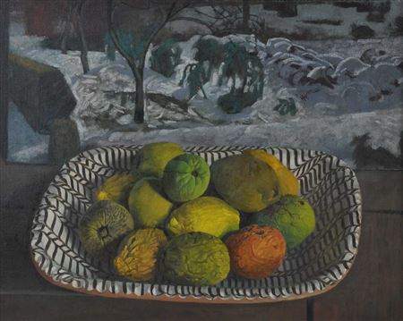 John Arthur Malcolm Aldridge : Still Life with Fruit in Slipware Bowl