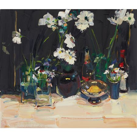 James Fullarton : STILL LIFE IN BLACK WITH MARGUERITES