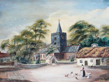 Alfred Worthington : HISTORIC VIEW OF LLANBADARN CHURCH NEAR Aberystwyth with The Black Lion public house with a lady in Welsh costume feeding chickens, circa 1890