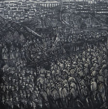 Nick Evans : Expansive and powerful depiction of a mining community with houses, smoking chimneys, colliery and a mass of men alongside sheep surrounding a locomotive ridden by gentlemen in top-hats