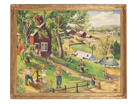 Valentine Vogel : Large format rendering of an old one-room school house scene in a rural farming landscape