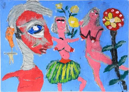 Joseph Hardin : Red Face Profile With Topless Girl In Grass Skirt