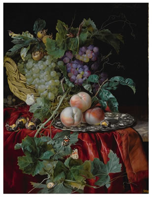 Willem van Aelst : Still life with grapes in a basket, peaches on a silver dish, medlars, two butterflies, a fly and a snail, all on a red velvet cloth over a partially draped ledge