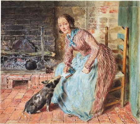 William Henry Hunt : 'The Orphan': A woman bottle feeding a pig