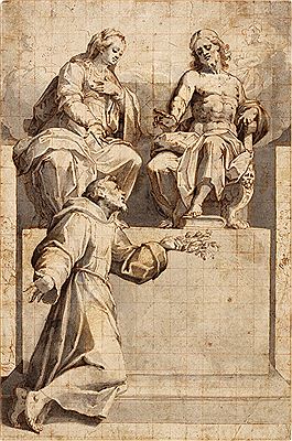 Giovanni Battista Trotti : Christ Enthroned with the Madonna, Saint Francis kneeling below