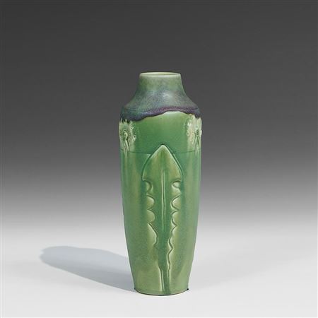 Rose Fechheimer : Carved and painted vase with dandelion decoration in purple over green glaze and yellow highlights, shape number 946V