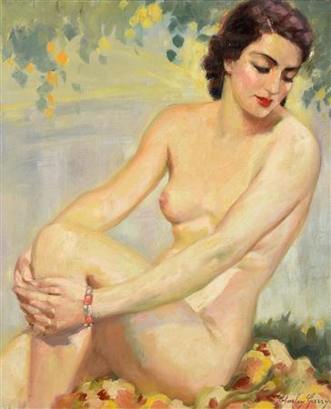 Charley Garry : A NUDE SEATED AND POSED BESIDE A LAKE IN DAPPLED SUNLIGHT