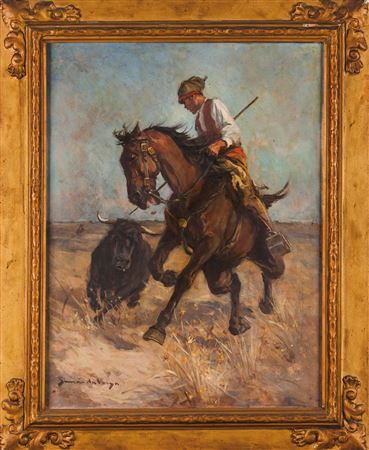 Simao Veiga : A cattle herder on horseback and bull