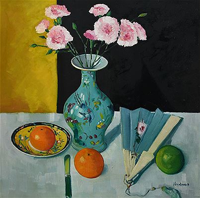 Gordon G Henderson : Still life with a vase, carnations, fruit and a fan on a table