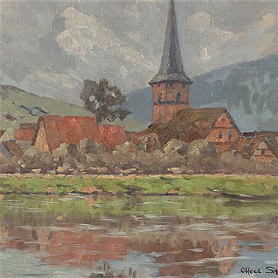 Alfred Streubel : Village by the lake