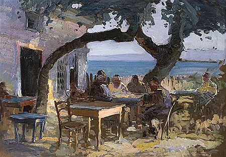 Nicolae Darascu : 'Sunset at Mammoth's Cafe in Balchik'